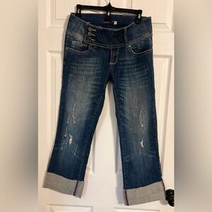 Vigoss Juniors Blue Jeans Cropped Cuffed Size 5 W/ 26 Inseam Distressed Boot Cut
